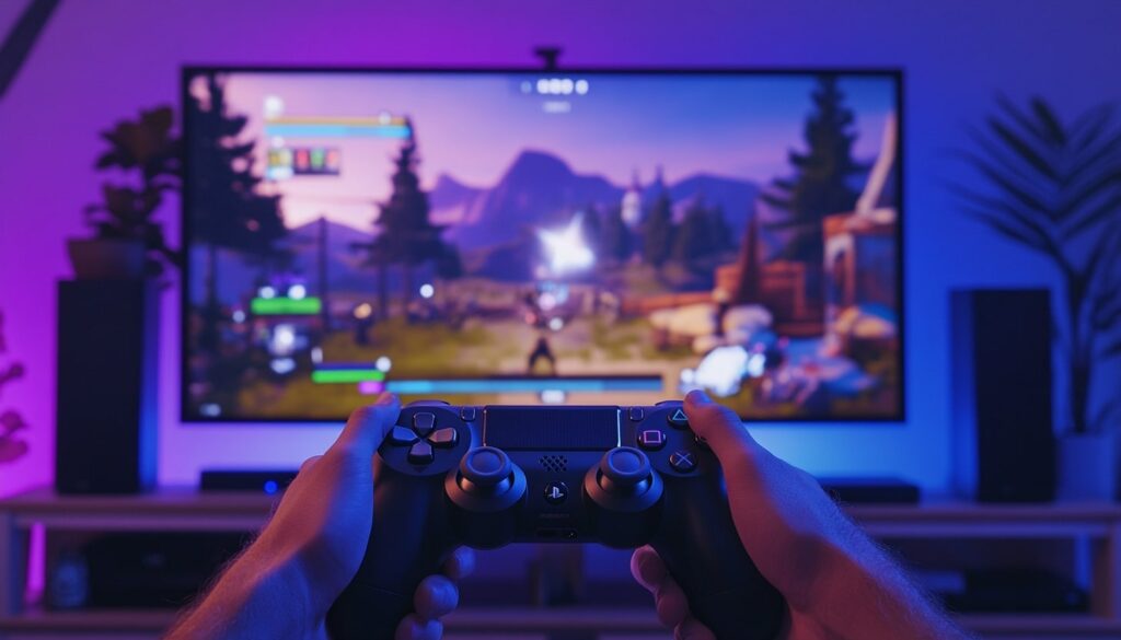 Hands holding a PlayStation controller while playing Fortnite on a large screen, illustrating optimal console gaming setup for best Fortnite settings in 2025.