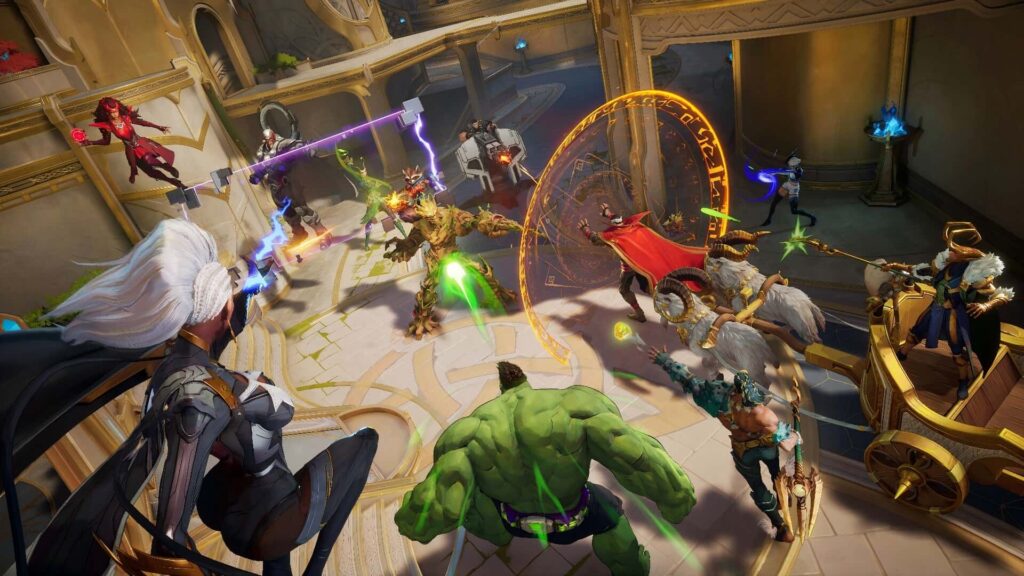 Marvel Rivals heroes clash in a visually intense battle scene, showcasing the need for optimized settings for smooth FPS and performance.