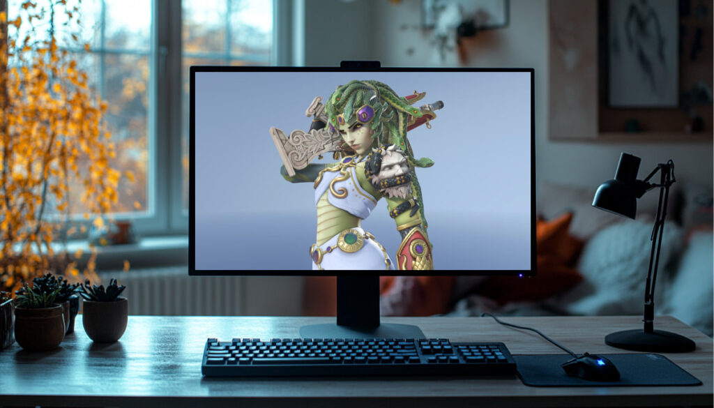 A desktop computer on a tidy desk displays one of the top Overwatch 2 skins of 2025 — a Medusa-inspired character in ornate armor and a white toga, set against a plain background.