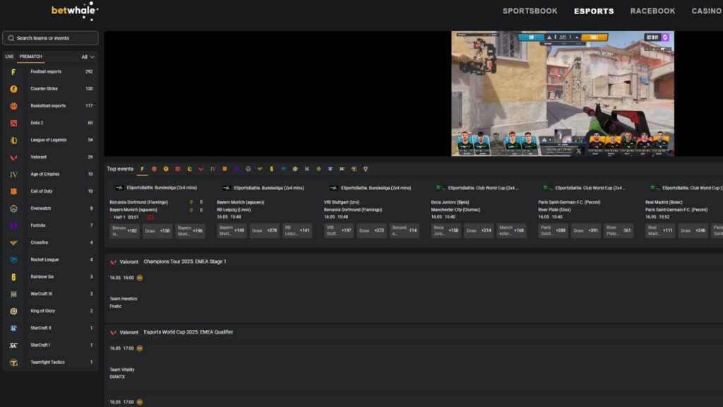 Screenshot of a betting platform displaying various esports events and stats alongside a live Valorant match in progress.