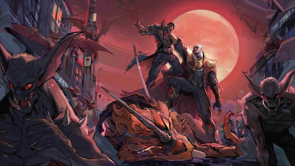 Blade stands atop a defeated beast next to a vampire ally under a blood-red moon, surrounded by snarling bat-like creatures in a dark, dystopian cityscape.