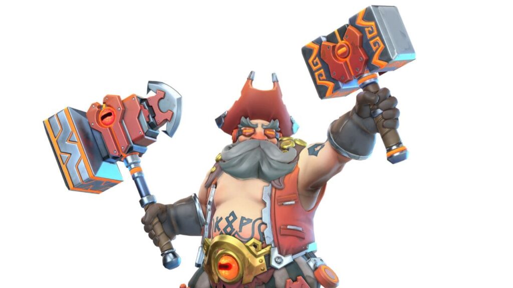 A muscular, tattooed BloodLoop character with a bushy beard, wearing a pirate hat and holding two ornate hammers, exuding confidence and strength.