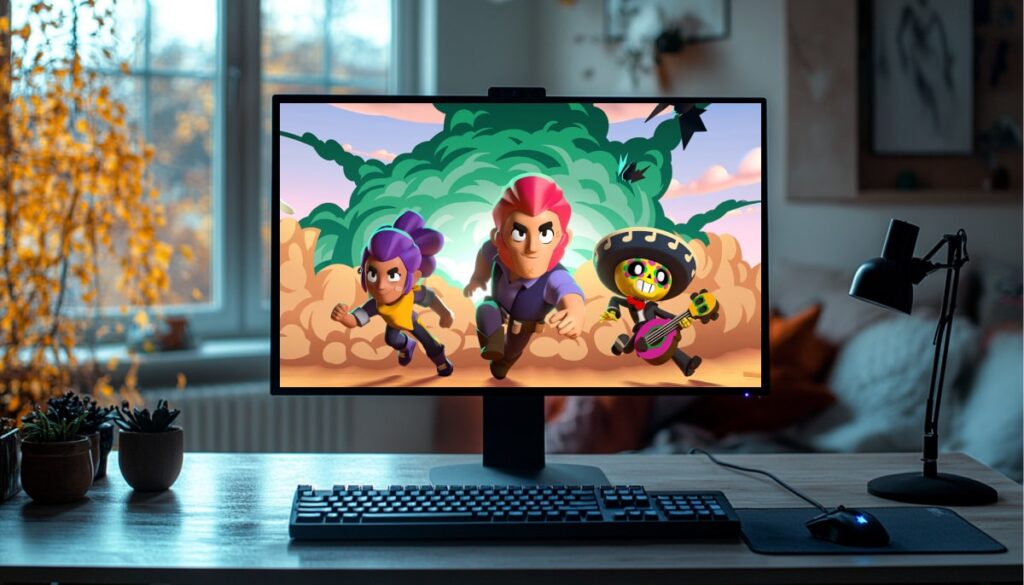 A desktop monitor displaying Brawl Stars gameplay with three characters — Shelly, Colt, and Poco — running forward, set in a cozy home office with autumn light coming through the window.