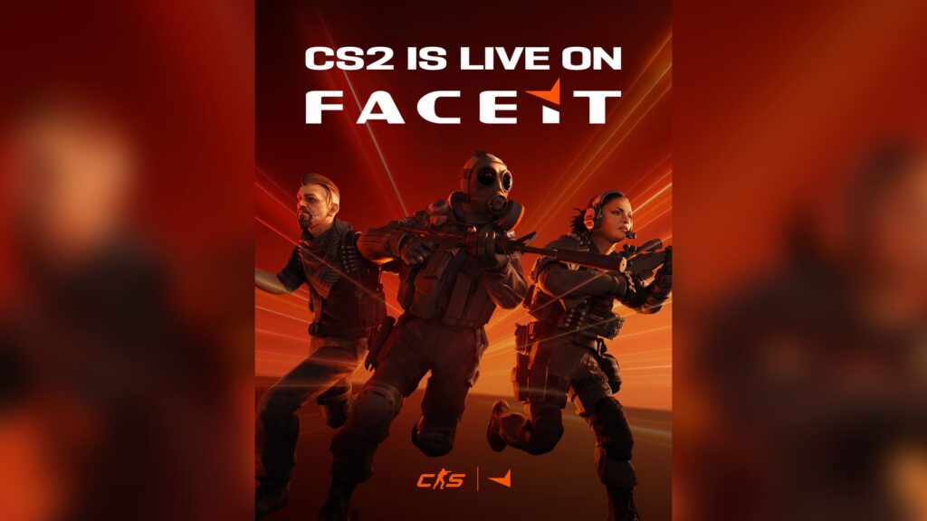 Three stylized armed characters pose heroically against an orange background, promoting "CS2 is live on FACEIT."