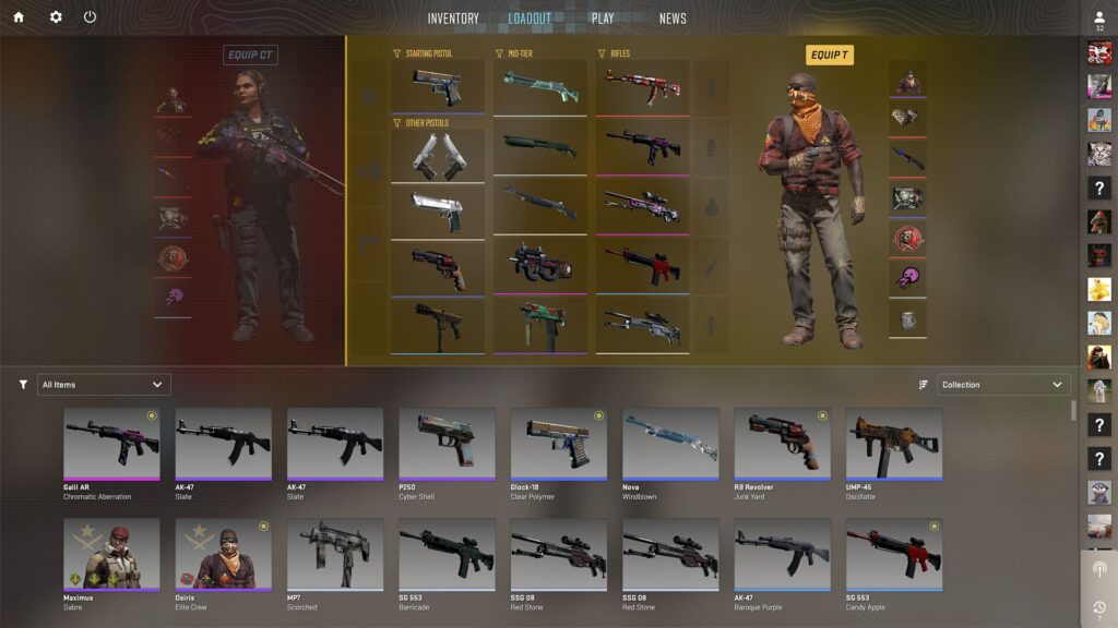 A CS2 inventory screen displaying various weapons including rifles and pistols, with character loadout options on the side.