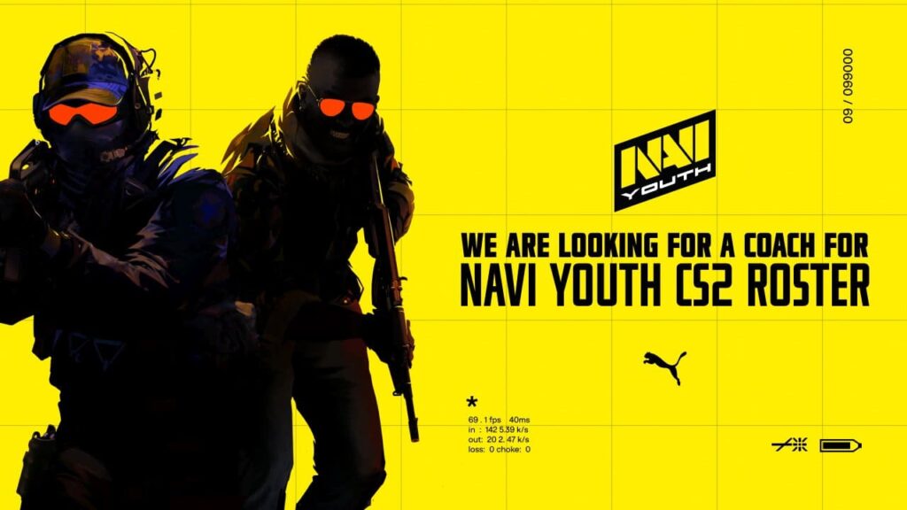 Two armored figures, one holding a gun, stand against a bright yellow background. Text invites applications for a CS2 coach with NAVI Youth.