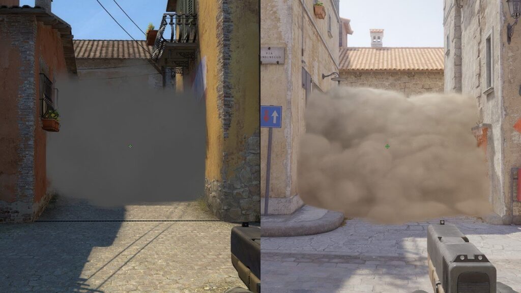 Side-by-side comparison of smoke grenades in Counter-Strike: Global Offensive (left) and Counter-Strike 2 (right), showing the older flat smoke effect versus the new volumetric, dynamic smoke in CS2 that reacts to the environment and gameplay.