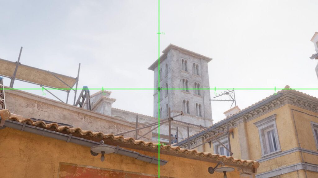 Aiming at a tower in Counter-Strike 2 with the new grenade line-up reticle visible on the screen — a green crosshair overlay that assists players in precisely lining up utility throws.