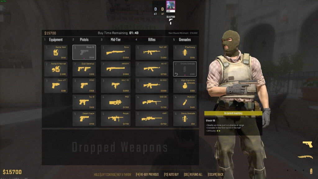 Counter-Strike 2 buy menu interface showing categorized weapon options, available funds, and a new feature allowing players to pick up teammates’ dropped weapons directly from the menu.