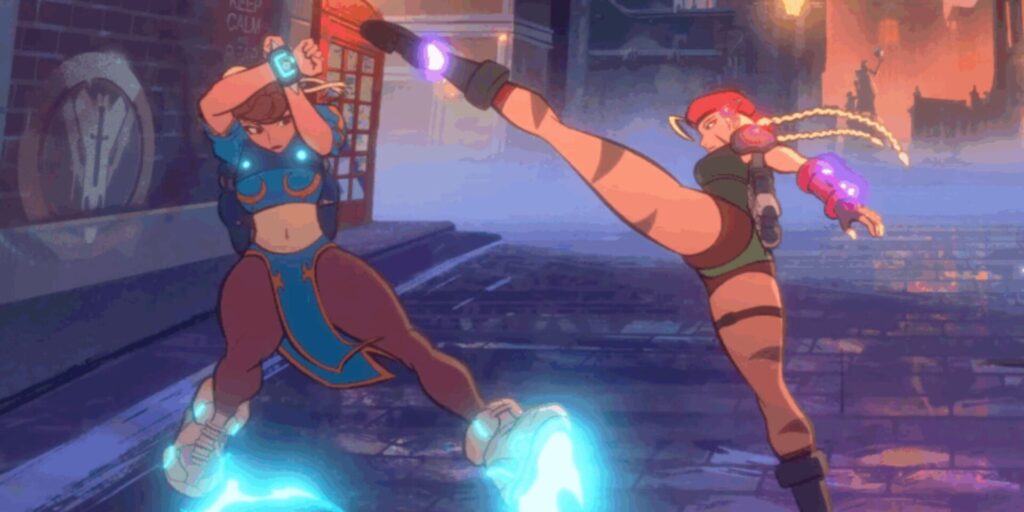 Widowmaker as Cammy delivers a high kick toward Juno as Chun Li, who blocks the attack with glowing shoes, in a stylized animated street battle scene.