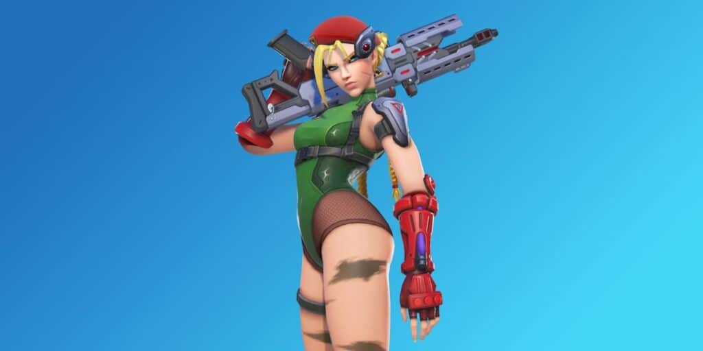 Widowmaker wearing a Cammy-inspired Street Fighter skin in Overwatch 2.