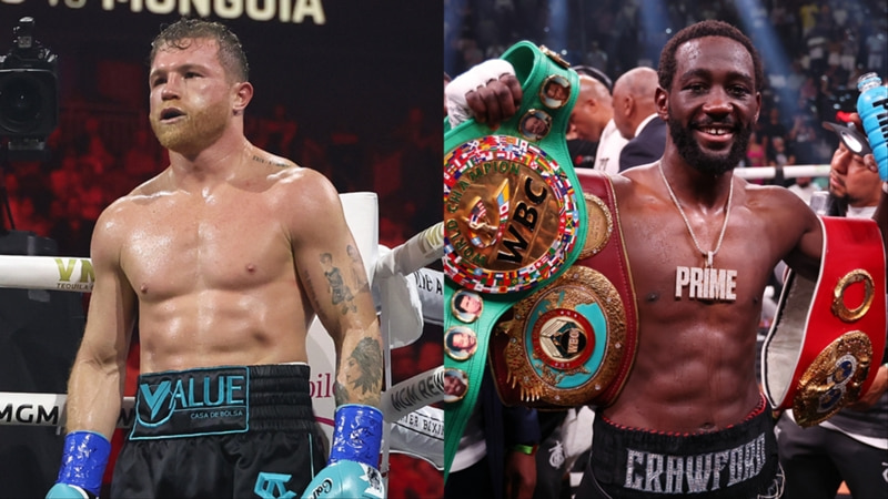 Canelo Álvarez and Terence Crawford in the boxing ring, each shown separately with Álvarez in fight gear and Crawford holding multiple championship belts, promoting their upcoming September bout.