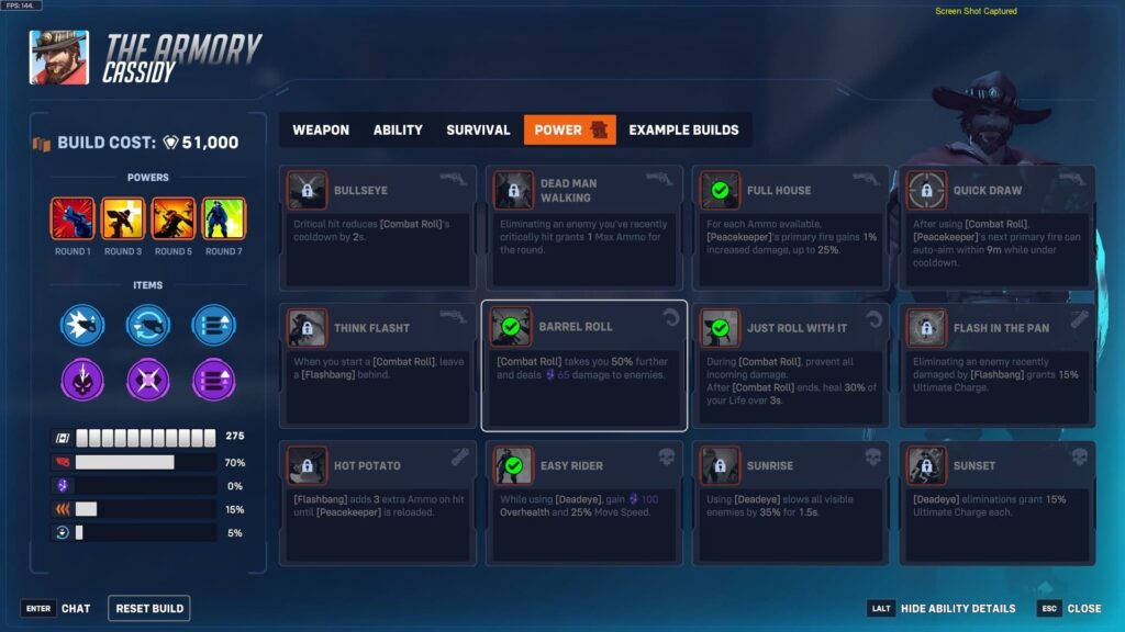 In-game screenshot of the Overwatch Stadium Armory screen showing Cassidy’s build setup, with selected powers including Barrel Roll, Full House, Quick Draw, and Just Roll With It, and a build cost of 51,000.