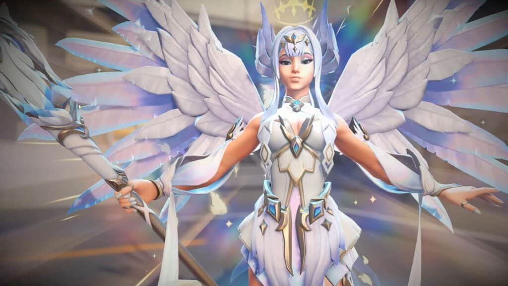 Celestial Guardian Mercy mythic skin with glowing wings and halo in Overwatch