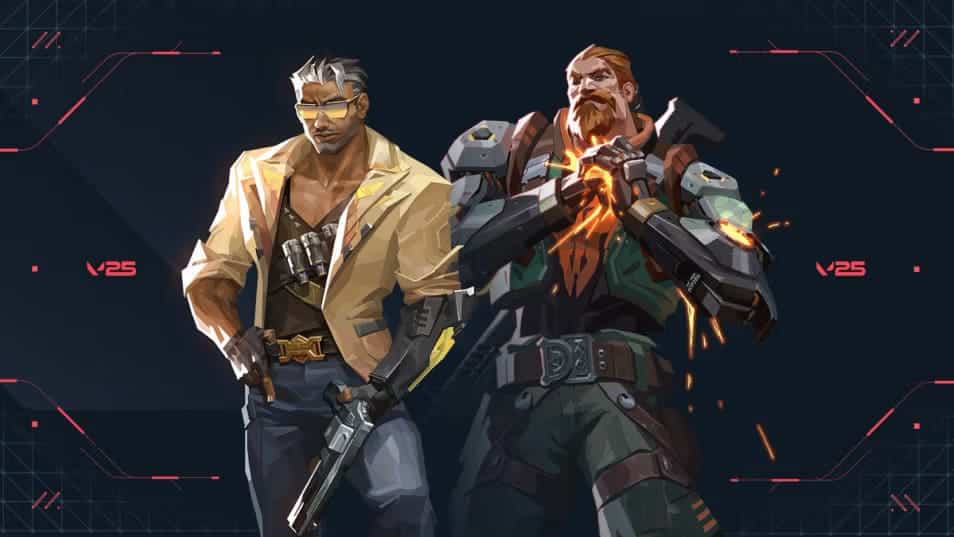 Two stylized characters stand back-to-back, one with a gun and the other showcasing a high-tech, armored suit. яркий фон.