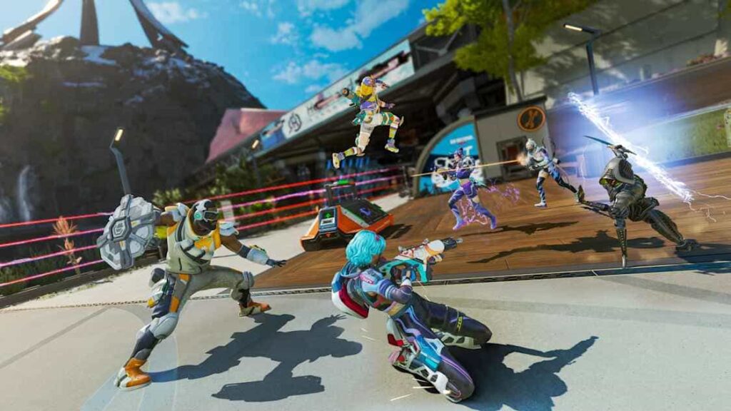 A dynamic battle scene featuring Apex Legends characters with futuristic attire and weapons, engaging in combat in a vibrant, urban environment.