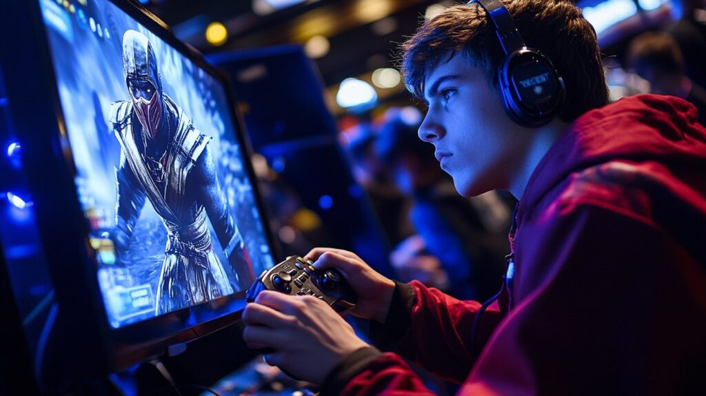 A focused esports player wearing headphones competes in Mortal Kombat 1 at Combo Breaker 2025, with Sub-Zero on the game screen.