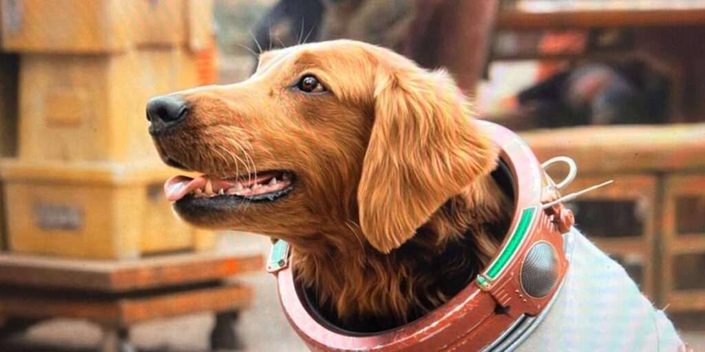 A golden retriever wearing a sci-fi space suit with a communication collar