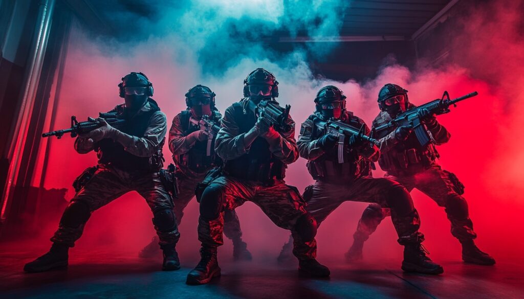 A squad of five heavily armed Counter-Strike-style soldiers in tactical gear, posed in formation against a dramatic red and blue smoky background, symbolizing different team roles in competitive gameplay.