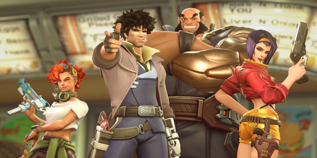 Overwatch 2 heroes wearing Cowboy Bebop-inspired skins during the anime crossover event.