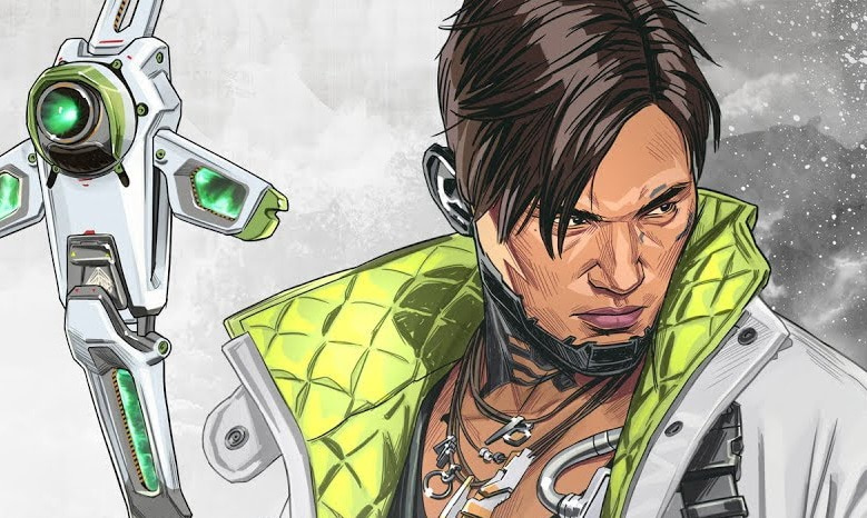 Crypto from Apex Legends in a white jacket with green accents, alongside his signature surveillance drone.