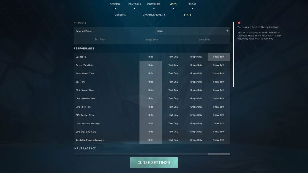 In-game settings menu displaying performance stats options, including FPS, CPU times, and memory usage, with a 'Close Settings' button.