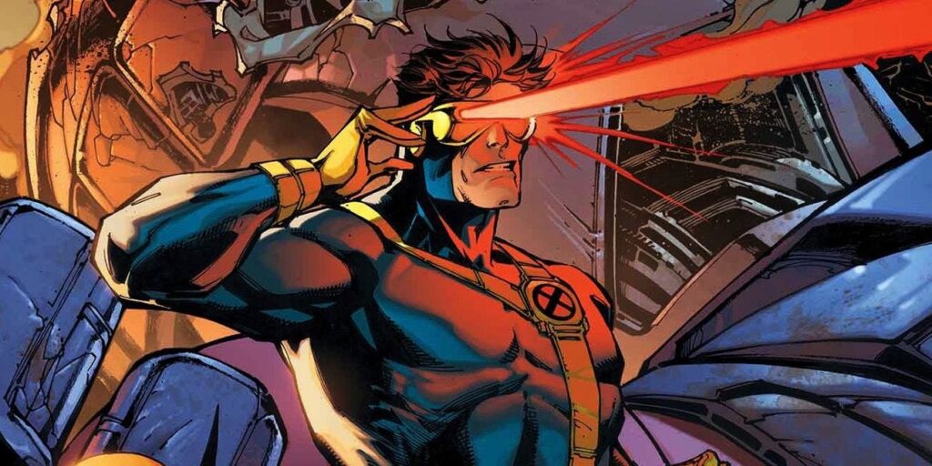Comic illustration of Cyclops from the X-Men firing a powerful red optic blast from his visor, standing confidently in a battle-damaged environment.