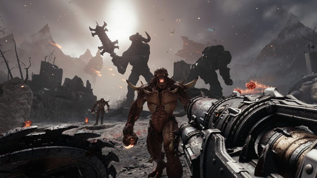 A fierce battle scene with Doom characters and a looming weapon, set in a desolate landscape with dramatic lighting.
