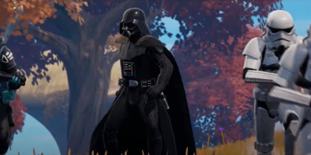 Darth Vader and Stormtroopers in a Fortnite forest setting.