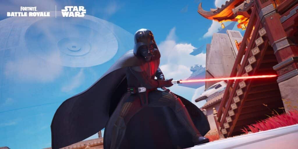 Darth Vader wielding a red lightsaber in Fortnite, with the Death Star in the sky.