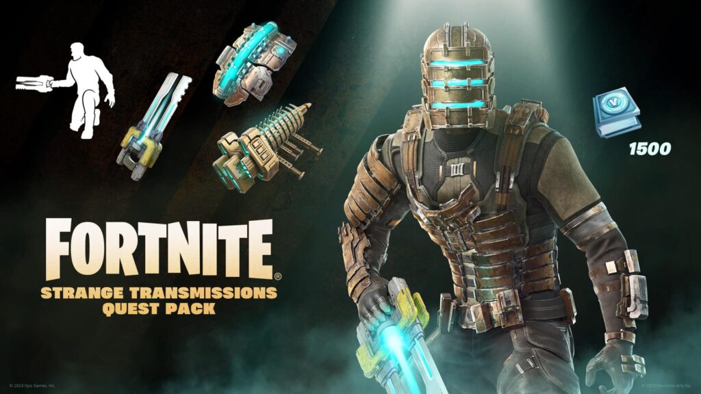 Isaac Clarke Fortnite skin in a detailed engineering suit from Dead Space, shown with Plasma Cutter, USG Ishimura glider, and other quest pack items from the Strange Transmissions bundle.