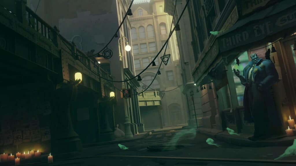 Dark alley environment from Deadlock featuring glowing lights, candles, and a mysterious blue character outside a shop.