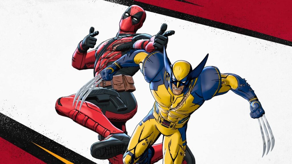 Deadpool Fortnite skin in red and black costume posing with Wolverine, showcasing one of the most iconic and popular Marvel collaborations in Fortnite history.