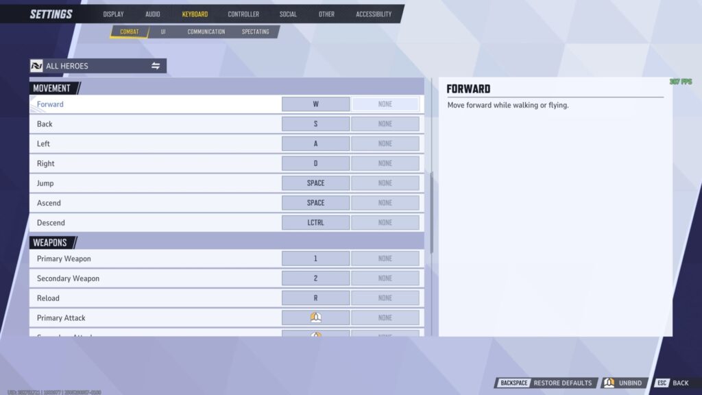 Marvel Rivals default keybindings menu showing movement and weapon controls for keyboard setup.