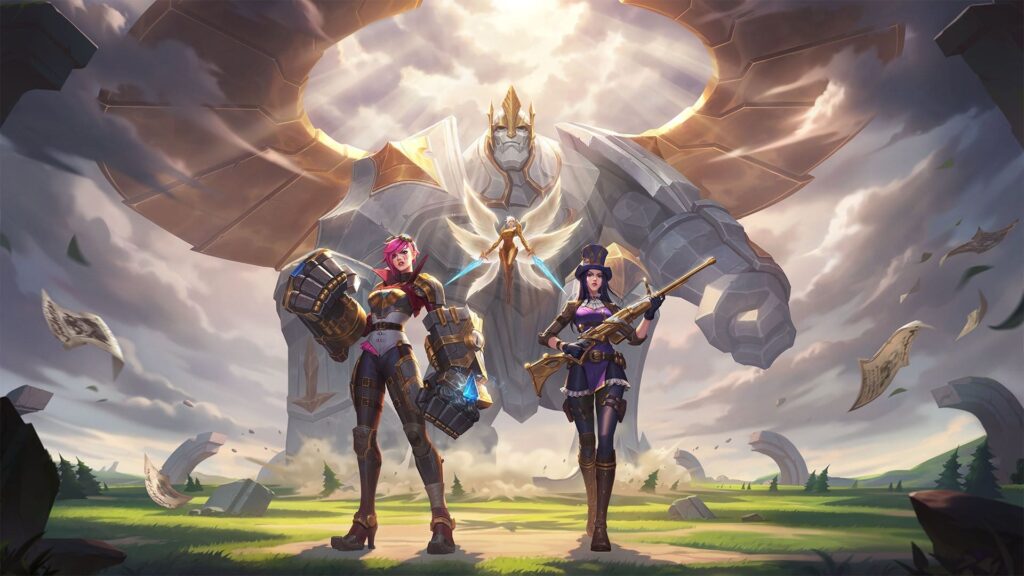 Two warriors of LoL stand confidently against a colossal, majestic stone giant under a dramatic sky, with swirling papers and debris around them.