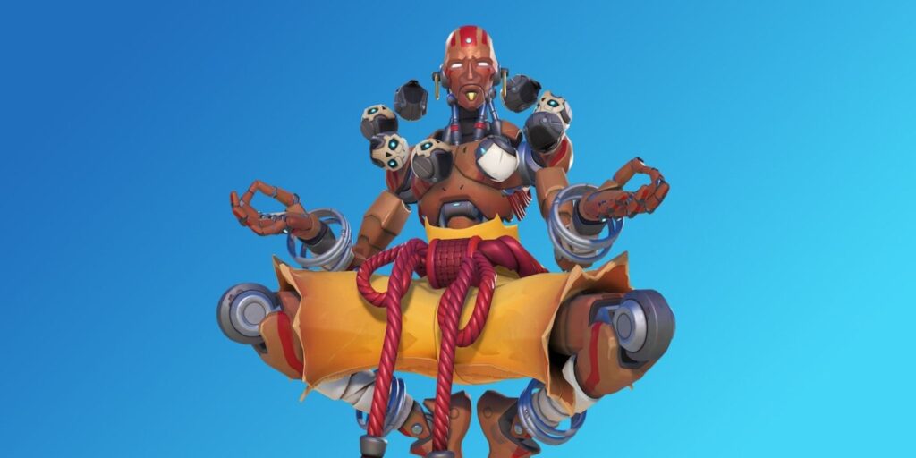 Zenyatta floating in his Dhalsim-inspired Street Fighter skin in Overwatch 2.