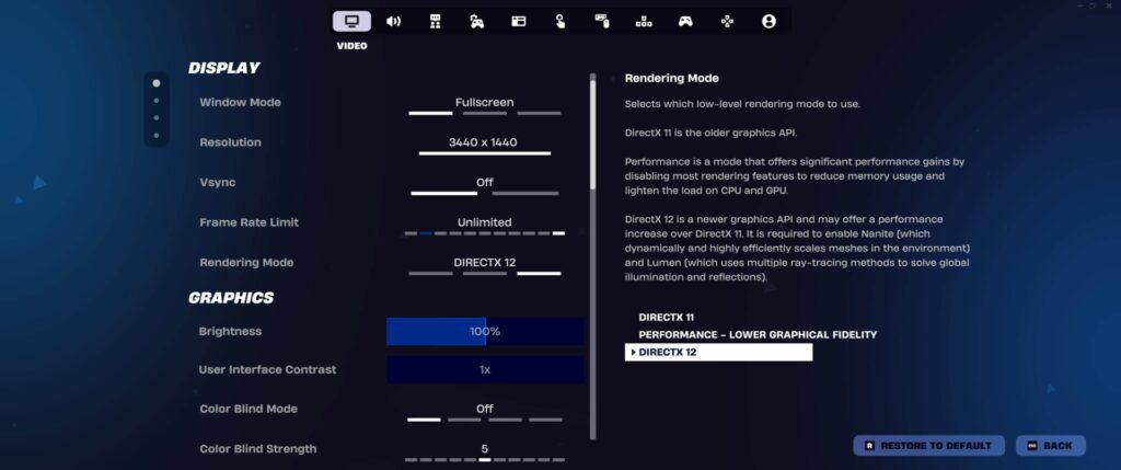 Display settings menu showing video configuration options including fullscreen mode, 3440x1440 resolution, DirectX 12 rendering, and other graphics preferences.