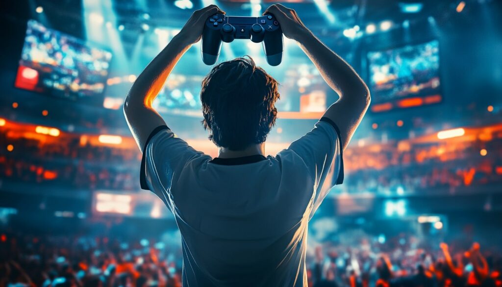 A triumphant esports player holding a game controller above their head in front of a cheering crowd in a packed arena, celebrating victory and the cultural power of esports
