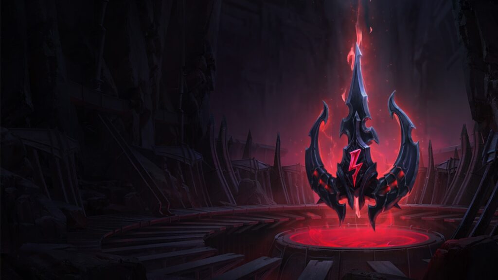 Dark, ominous setting featuring the Domination rune symbol from League of Legends glowing red at the center of a ritual-like arena, emphasizing power and burst damage.