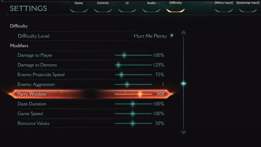 A game settings menu displaying difficulty options with modifiers like damage, enemy aggression, and a highlighted parry window slider at 500.