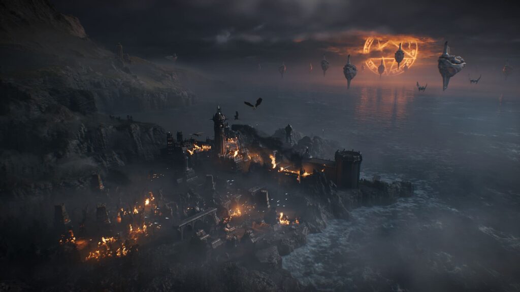 A dark, chaotic scene of a burning coastal fortress under a stormy sky, with floating ominous structures and a glowing symbol overhead.