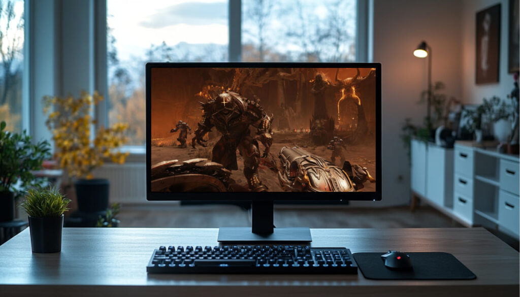 A gaming setup showcasing a monitor displaying Doom game with armored warriors in a dark, dramatic landscape.