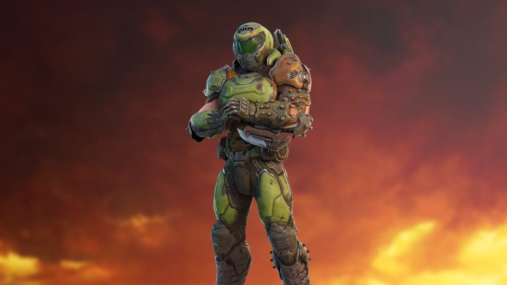Doom Slayer Fortnite skin in green and orange armored suit with helmet, standing with arms crossed against a fiery red-orange sky background.