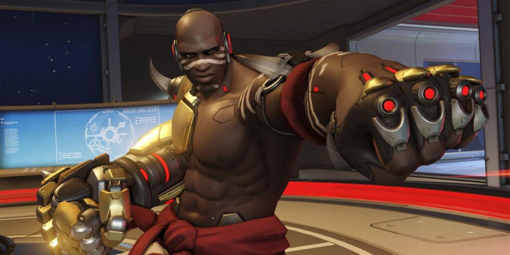 Doomfist poses in Overwatch 2 with his massive cybernetic gauntlet extended forward, standing in a futuristic control room.