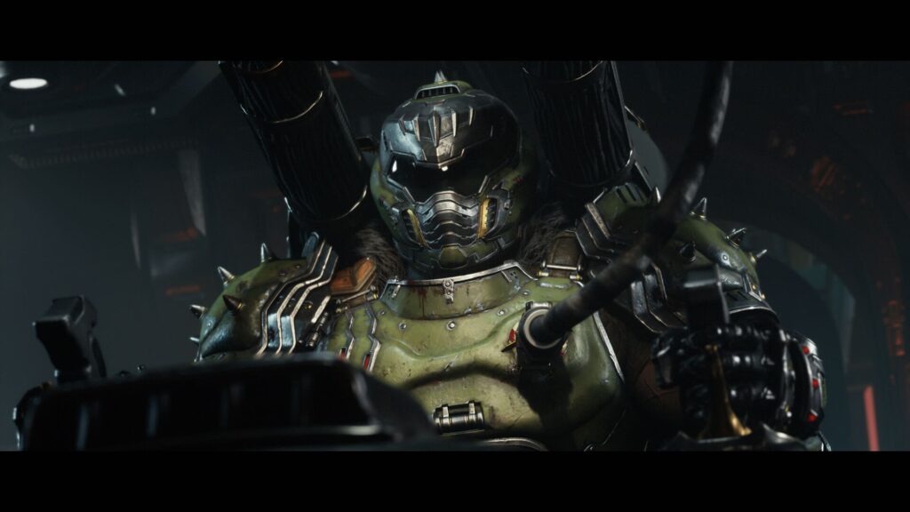 A heavily armored warrior from Doom, adorned with spikes, towering machinery, and intricate details, exuding strength and menace.