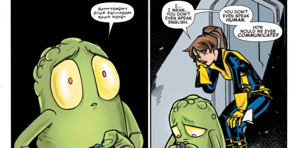 Comic panel: Doop, a small green alien, stands silently while a concerned female superhero says,