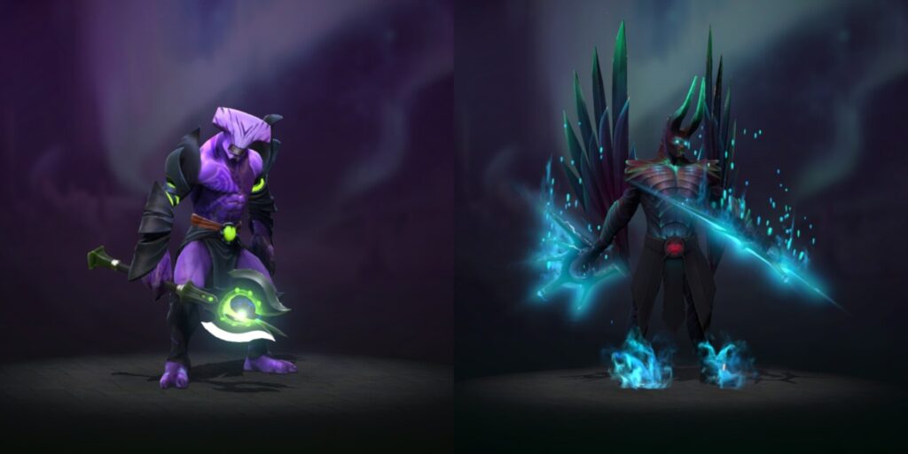 A split image featuring two Dota 2 characters: one a purple warrior with a green scythe, the other a shadowy figure with glowing blue weapons.