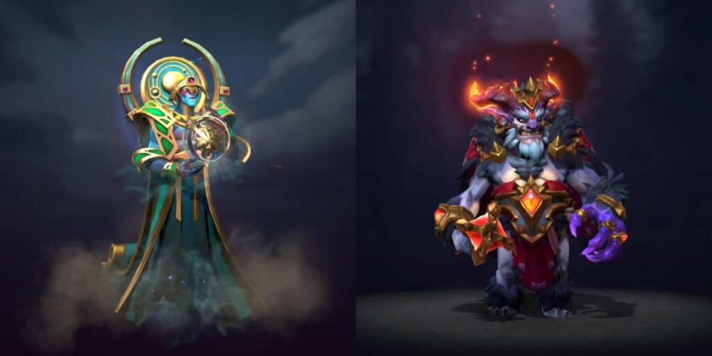 A mystical figure in ornate robes holds a glowing orb, while a fierce beast clad in gem-studded armor poses confidently.