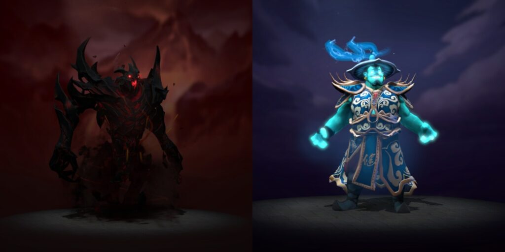 A dark, sinister figure on the left contrasts with a vibrant, glowing character in blue robe on the right, showcasing two powerful entities.