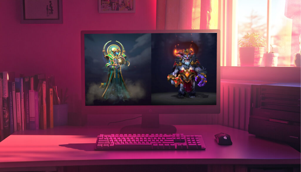 A computer monitor displays two fantasy Dota 2 characters: a sorcerer on the left and a fierce beast warrior on the right, in a cozy room.